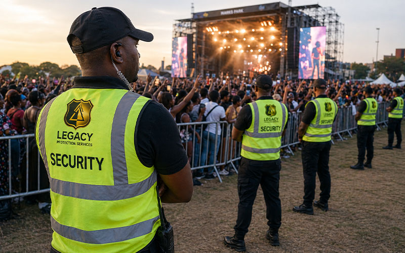 Legacy Protection Services event security team managing crowd control at concert or festival