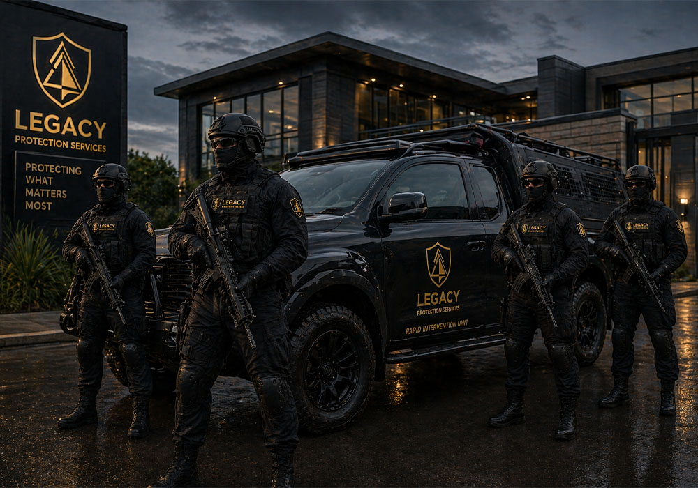 Legacy Protection Services armed response unit in tactical gear with rapid intervention vehicle ready for emergency security deployment