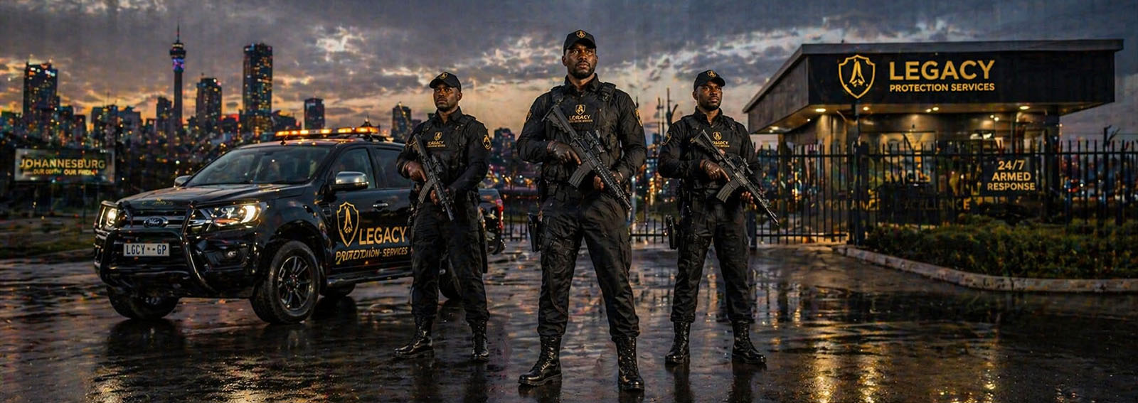 Legacy Protection Services armed response unit with rapid intervention vehicle ready for emergency security deployment