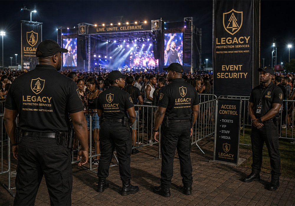 Legacy Protection Services event security team managing crowd control and access at large concert or public gathering