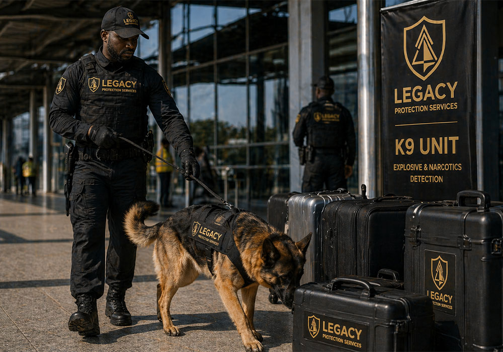 Legacy Protection Services K9 security unit with trained German Shepherd detection dog for explosive and narcotics search operations