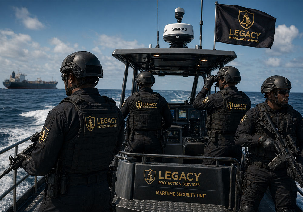 Legacy Protection Services maritime security team on patrol vessel providing anti-piracy and asset protection at sea