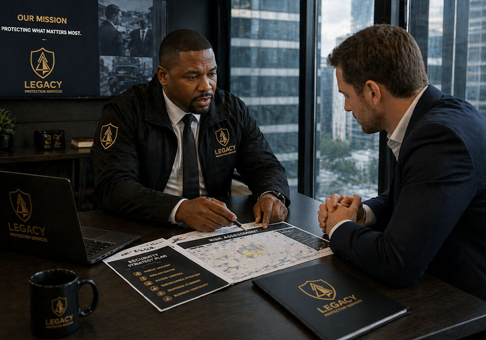 Legacy Protection Services security consultant reviewing risk assessment plans and security strategy with corporate client