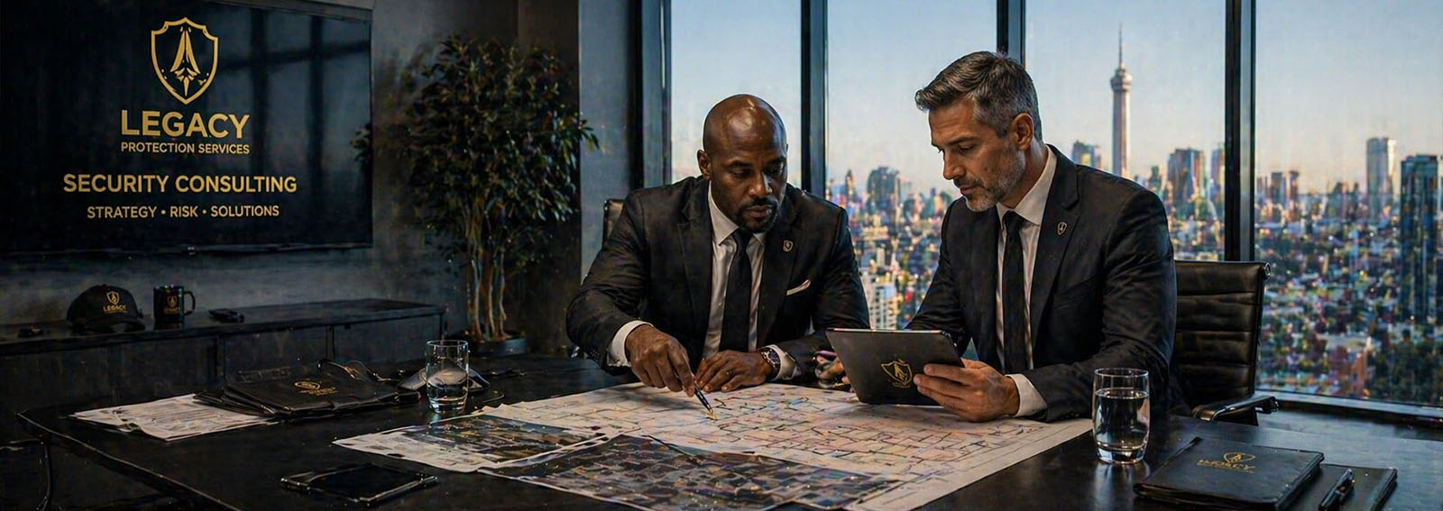 Legacy Protection Services security consultant reviewing risk assessment plans with corporate client