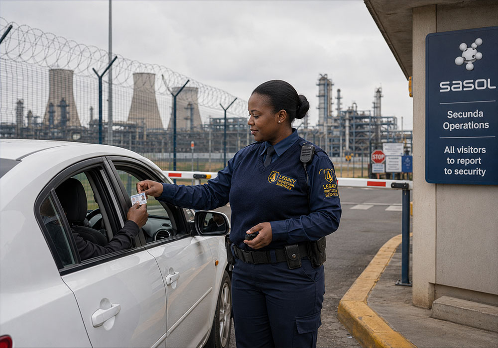 Legacy Protection Services static security officer managing access control and perimeter monitoring at industrial facility