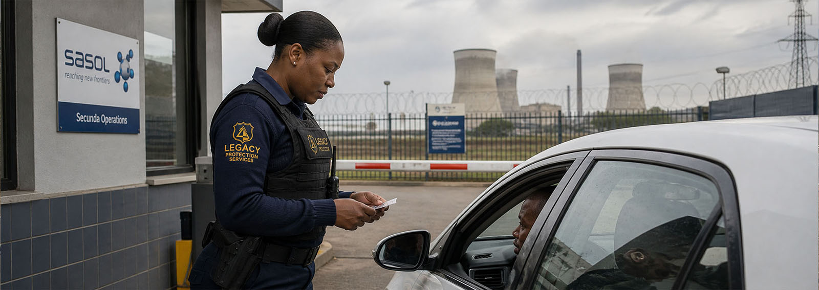 Legacy Protection Services static security officer managing access control and perimeter monitoring at an industrial or critical facility
