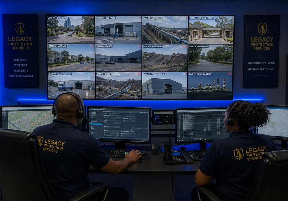 Legacy Protection Services 24/7 surveillance monitoring control room with trained personnel managing real-time security feeds