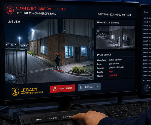 Legacy Protection Services integrated response coordination dashboard showing real-time security alerts